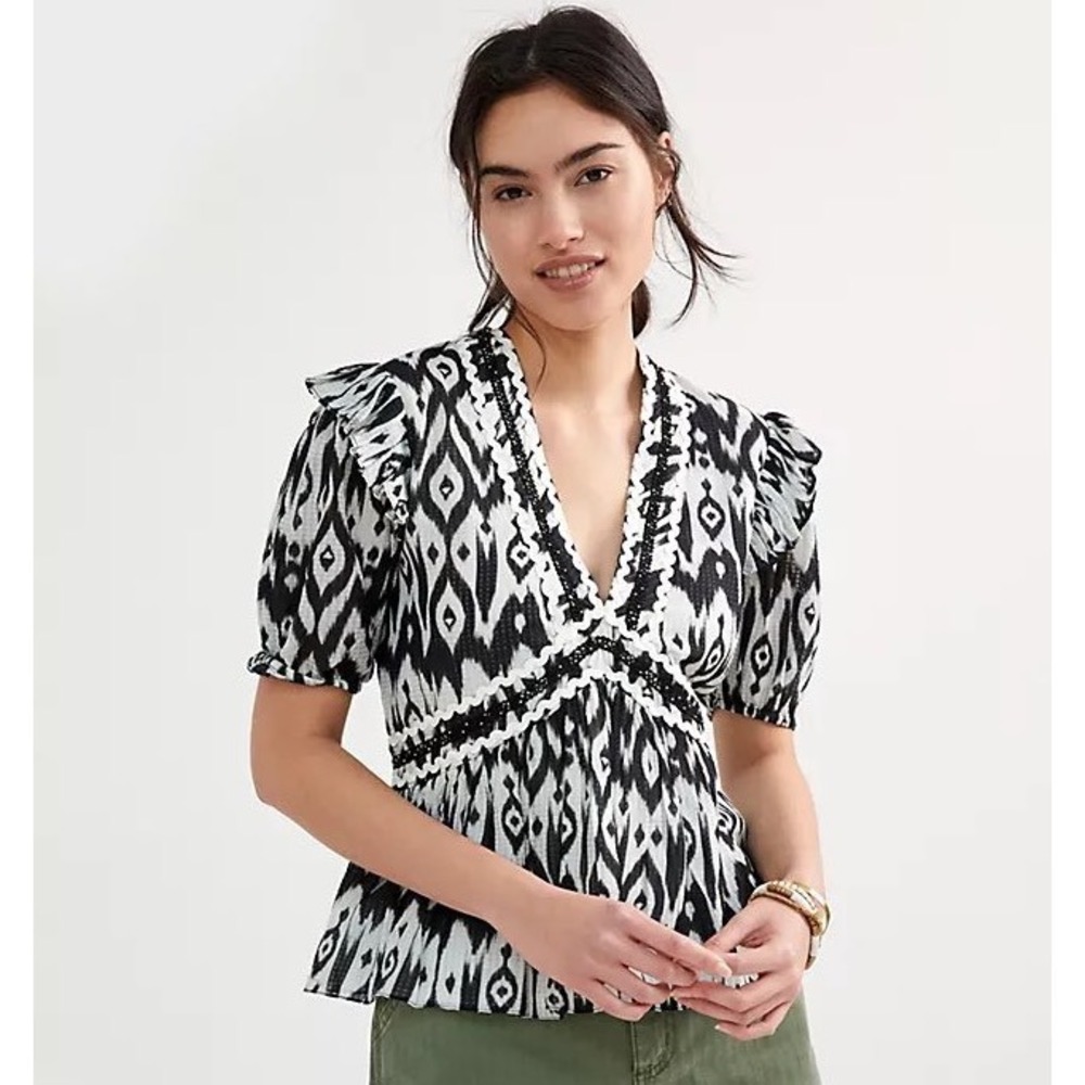 Verb by Pallavi Singhee Anthropologie Ikat Ric Rac Trim Peplum Top Black White S